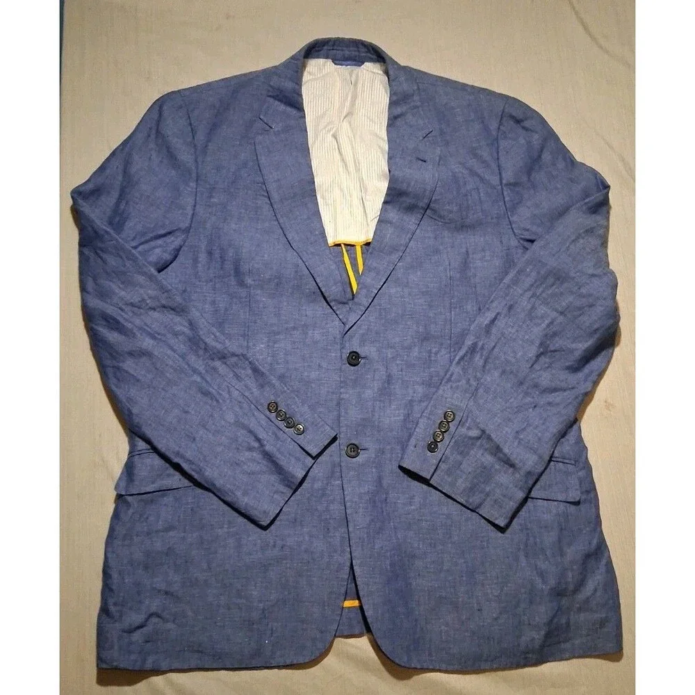 Robert Talbott Carmel Sport Coat Blazer Unstructured 100% Linen Blue Mens 2XL